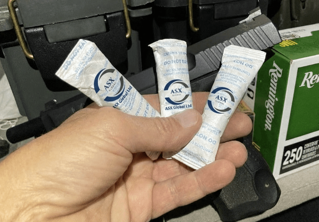 Silica gel bags inside military ammunition storage crates